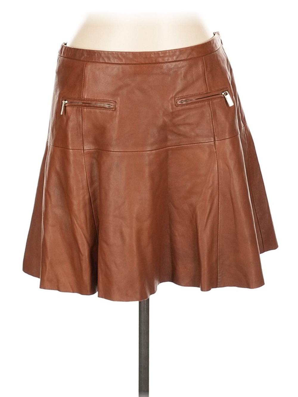 Joie Cognac Brown Leather Circle Skirt with Zip Details